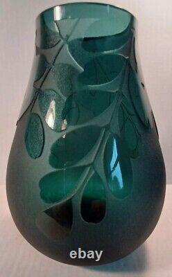Ken Benson LS Signed Teal Green Cameo Carved Olive Branches Art Glass Vase