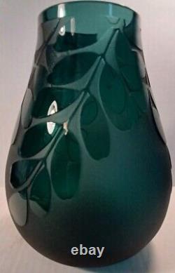 Ken Benson LS Signed Teal Green Cameo Carved Olive Branches Art Glass Vase
