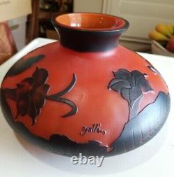 LARGE Signed Galle Round ORANGE Cameo Glass Vase BEAUTIFUL