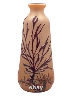 LEGRAS Fench Cameo Mauve Over Amber Aquatic Theme Glass Vase SIGNED