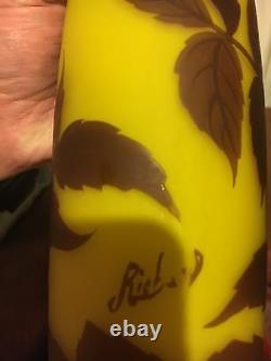 LOETZ SIGNED RICHARD CAMEO ART GLASS VASE YELLOW With BROWN FLORAL