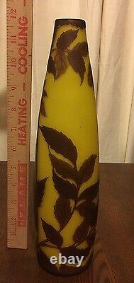 LOETZ SIGNED RICHARD CAMEO ART GLASS VASE YELLOW With BROWN FLORAL