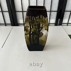 Landscape Art Acid Cut Cameo Art Glass Vase w Foliage Signed 10.5NWT