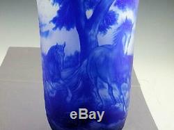 Large Antique 1930's Bohemian Blue Cameo Art Glass Vase Running Horses Signed