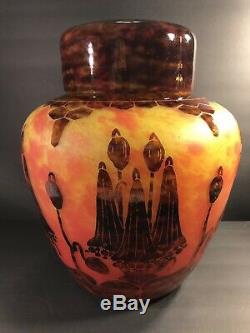 Large Antique Le Verre Francais Cameo Glass Vase & Cover. France C. 1925/ Signed