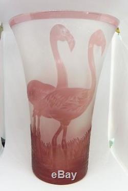 Large Art Deco Style Ingrid Cameo Glass Vase W Incised Pink Flamingos