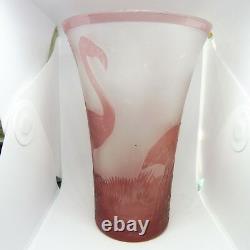 Large Art Deco Style Ingrid Cameo Glass Vase W Incised Pink Flamingos