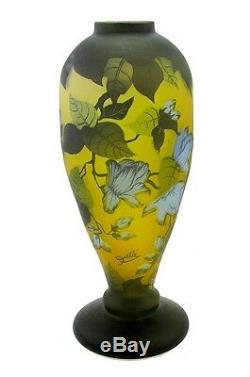 Large Cameo Glass Vase with Blue Flowers Signed Galle Tip