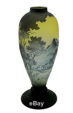 Large Cameo Glass Vase with Mountains Signed Galle Tip