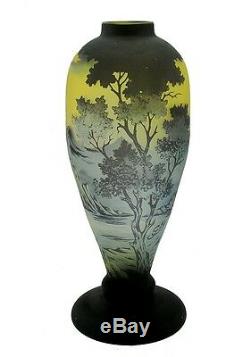 Large Cameo Glass Vase with Mountains Signed Galle Tip