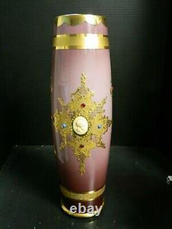 Large Hand Blown Murano Amethyst Cased Gold Embell. Art Glass 18 Vase with Cameos