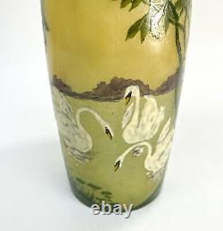 Large Legras France Cameo Glass Swans in a Lake Vase, Signed