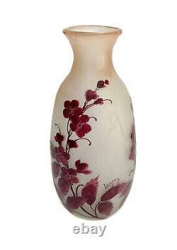 Large Legras France Cranberry Art Glass Cameo Vase, Signed