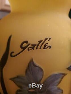 Large Signed Gallé Tip Cameo Glass Vase Flowers Yellow Buds Foliage