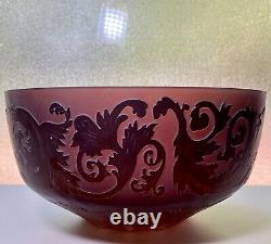 Large Vintage Amethyst Etched Leaf Scroll Cameo Art Glass Decorative Bowl 11.5D