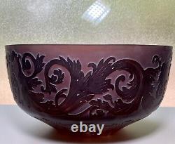 Large Vintage Amethyst Etched Leaf Scroll Cameo Art Glass Decorative Bowl 11.5D