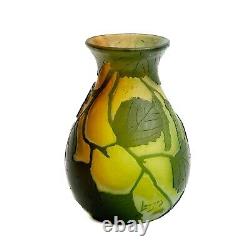 Legras France Acid Etched Cameo Art Glass Vase Leaves Green & Orange c. 1910
