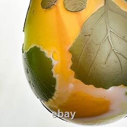 Legras France Acid Etched Cameo Art Glass Vase Leaves Green & Orange c. 1910