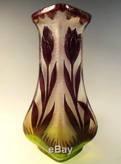 Legras Green Flashed Mauve Over Clear Cameo Glass Vase