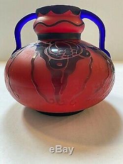 Loetz Red & Blue Cameo Glass Vase With Handles Signed Richard