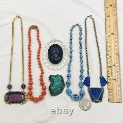 Lot Of Vtg Jewelry Murano Art Glass Czech Glass Necklaces Cameo Malachite Clip