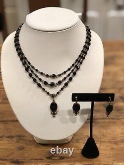 Luxe Set Extasia Signed Cameo Black Jet Glass 3 Tier Beaded Necklace & Earrings