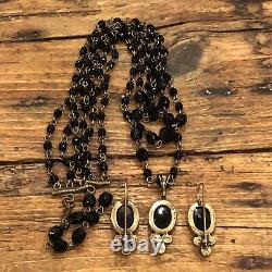 Luxe Set Extasia Signed Cameo Black Jet Glass 3 Tier Beaded Necklace & Earrings