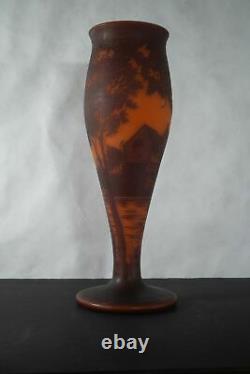 MONUMENTAL Loetz Richard vase red to orange cameo glass scenic imagery of lake