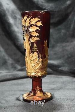 MOSER Ruby & Gold Footed Cameo Vase with Deer Scene Decoration