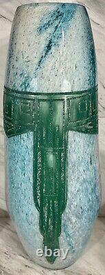 Massive Legras French Art Deco Cameo Glass Vase Geometric Design Mottled Blue