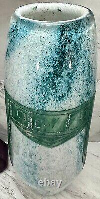 Massive Legras French Art Deco Cameo Glass Vase Geometric Design Mottled Blue