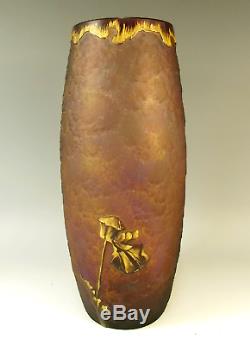 Mauve Legras Mont Joye Cameo Cut Acid Etched Gilded Glass Poppy Vase