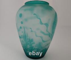 Mermaid & Fishes Cameo Green Glass Large Galle Style Vase 10H 23 Circumference
