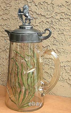 Moser Fish Cameo HP Glass Pitcher Stein Tankard Lion Galle Tiffany Era Enameled