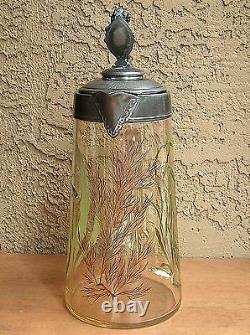 Moser Fish Cameo HP Glass Pitcher Stein Tankard Lion Galle Tiffany Era Enameled