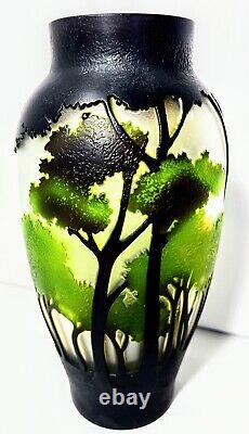 NEW Green Black Cameo ART Nouveau Glass VASE Galle Reprod Landscape 8 Acid Etch