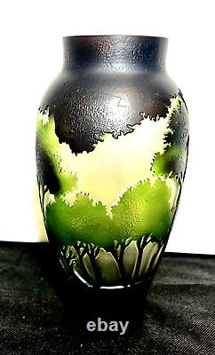 NEW Green Black Cameo ART Nouveau Glass VASE Galle Reprod Landscape 8 Acid Etch