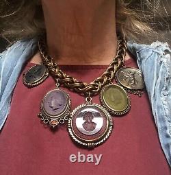NP EXTASIA Signed Cameo Necklace Hand Pressed Glass Intaglio Lovely Brass Chain