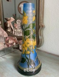 Nouveau Etched Layered Cameo Floral Vase Emile Galle Art Yellow Blue STUNNING