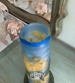 Nouveau Etched Layered Cameo Floral Vase Emile Galle Art Yellow Blue STUNNING