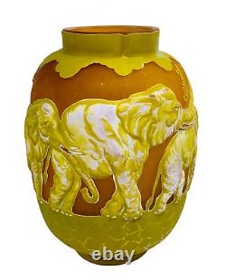 Old Vintage Large Cameo Art Glass Elephant Vase after E. Galle French Art Deco