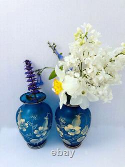 Pair Antique Florentine Art Cameo Cobalt Blue Glass VASES Flowers Leaves