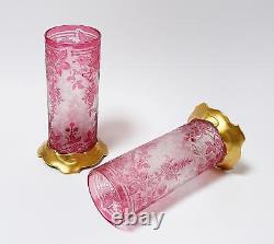 Pair Baccarat Eglantier French Art Nouveau Cranberry Cameo Crystal Glass Vases