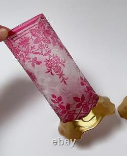 Pair Baccarat Eglantier French Art Nouveau Cranberry Cameo Crystal Glass Vases