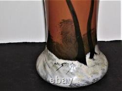 Pair French Cameo & Painted Winter Scene Vases Signed Legras 10 5/8 High