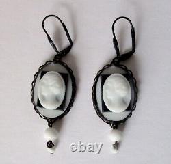 Pair of Antique Art Deco Black & White Glass Cameo Earrings
