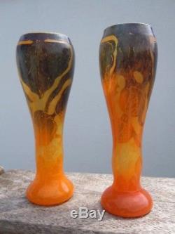Paire vases Le Verre Français décor Houblon Cameo Glass d'époque Art Nouveau