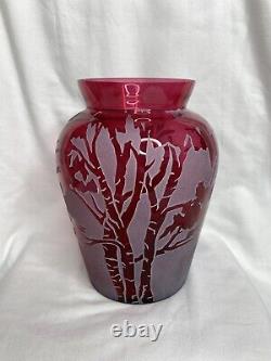 Pilgrim Art Glass Cranberry Sand Carved Etched Cameo Kelsey Murphy Vase Tree