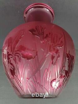 Pilgrim Kelsey Murphy Sand Carved Irises Extra Large Plum Cameo Glass Vase EUC