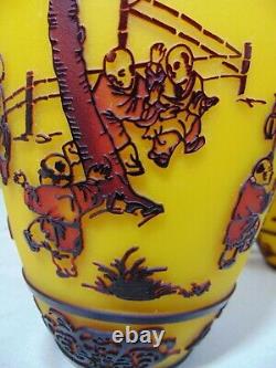 Pr Chinese Red Yellow CAMEO PEKING Art GLASS Vases Children Child
